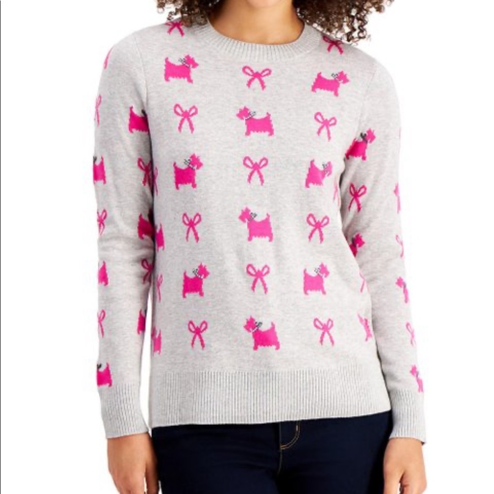 Charter Club  Silver Tin Heather & Pink Scottie Dog & Bow Sweater  Size …